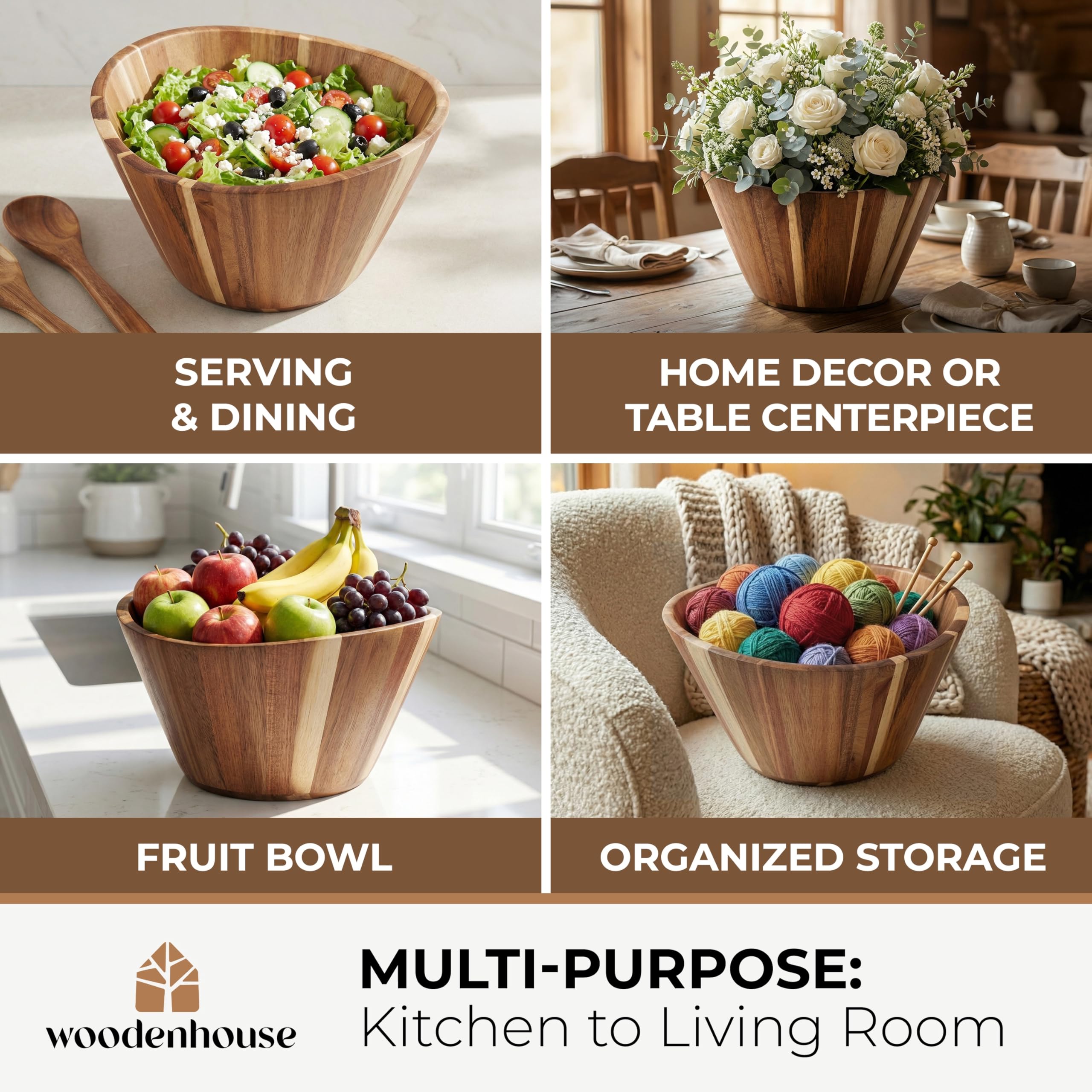 Extra Large Wooden Salad Bowl - Acacia 12” Multi-Purpose Wood Bowls - Decorative Bowls for Home Decor, Storage, Serving, Yarn - Durable Wavy Handmade Design - Wooden Fruit Bowl for Kitchen Counter