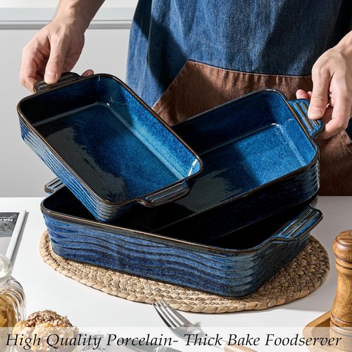 Kiln-Transformed Blue Ceramic Baking Dish Set - 3 Square Casserole Dishes with Handles for Oven Use