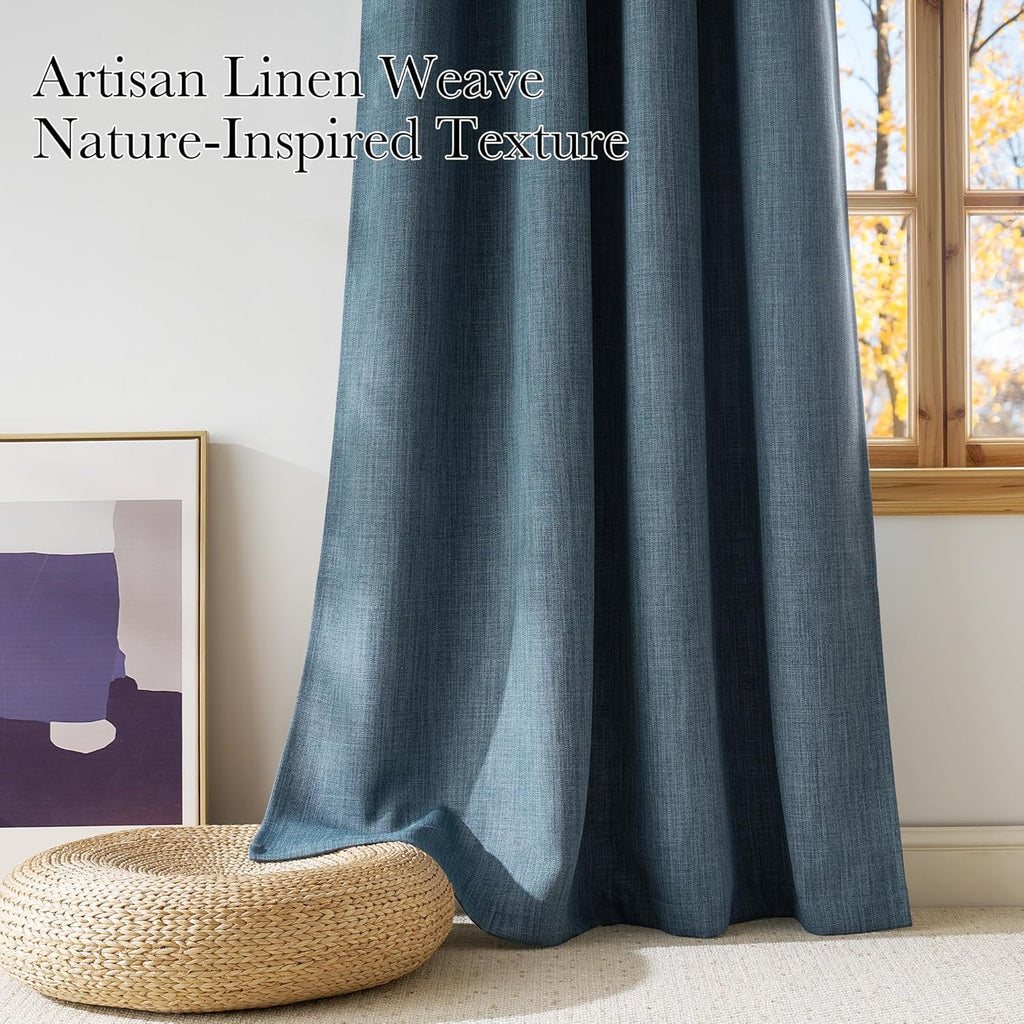 NICETOWN Faux Linen Blackout Curtains - Mist Blue, 63-Inch Grommet Top Privacy Panels, 2-Pack for Modern Farmhouse Style
