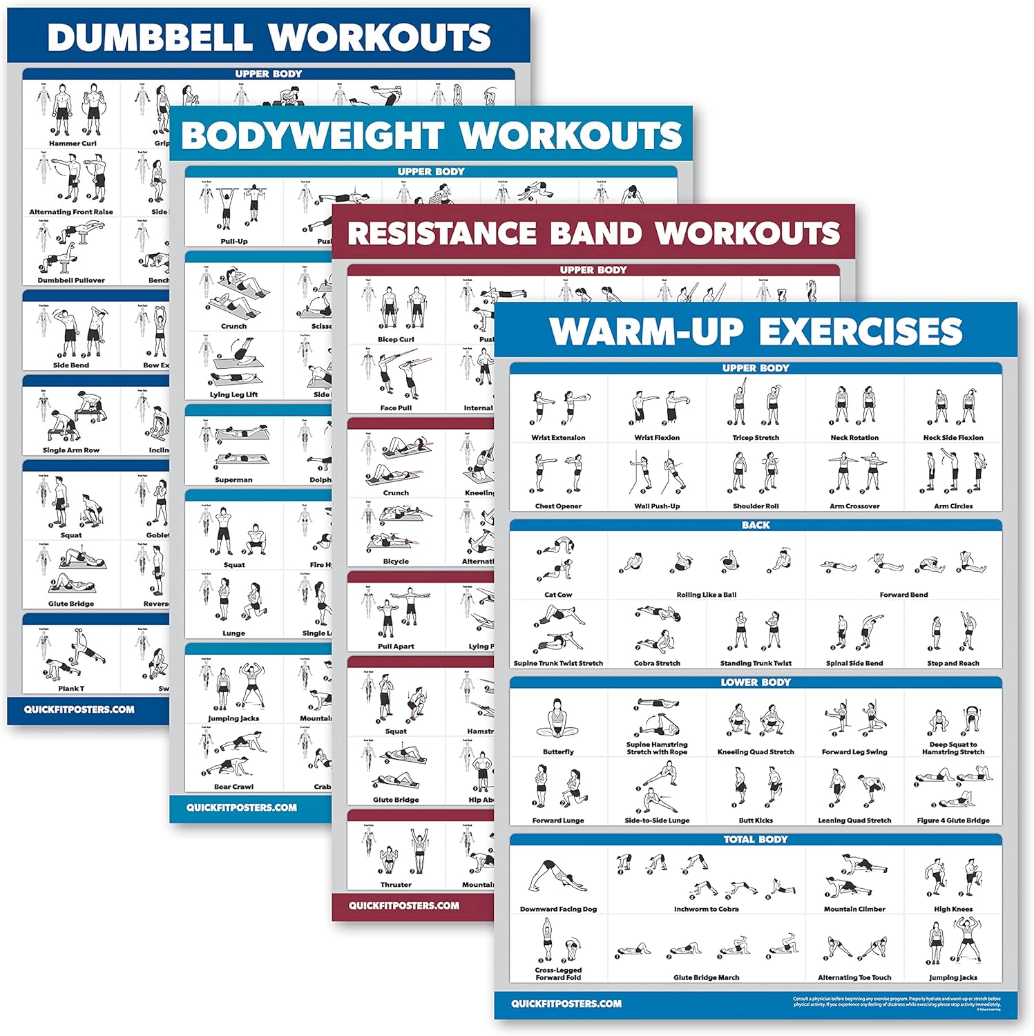 Palace Learning 4 Pack - Laminated Workout Charts for Dumbbell, Bodyweight & Resistance Band Exercises | 18” x 24”
