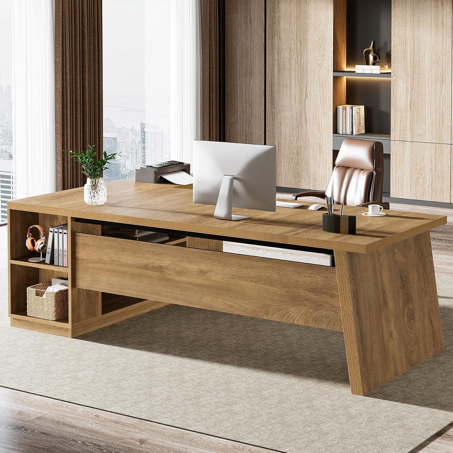 Tribesigns L Shaped Desk - Modern 78" Executive Office Table with Drawers & File Cabinet | Brown