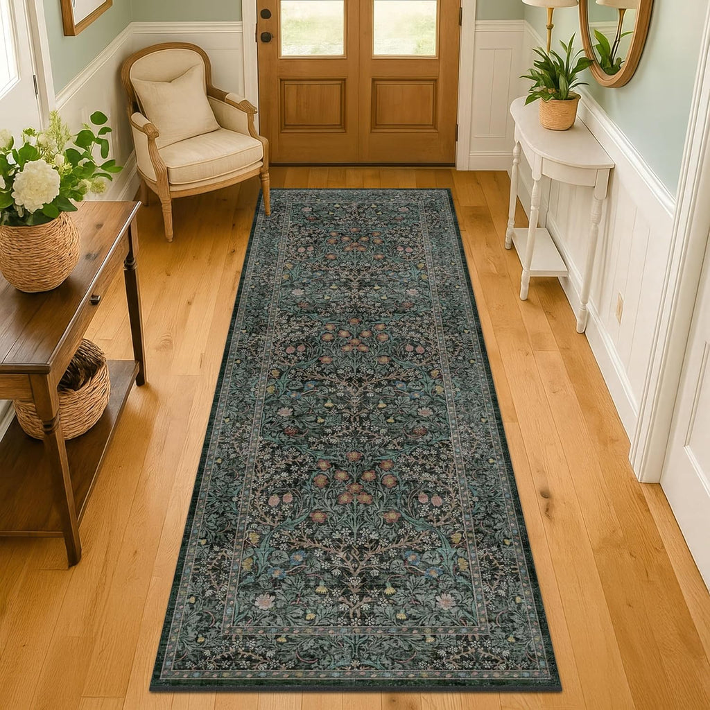 Skiennix 8ft Long Hallway Runner - Non-Slip, Washable Rubber Backing | Vintage Floral Dark Green & Black