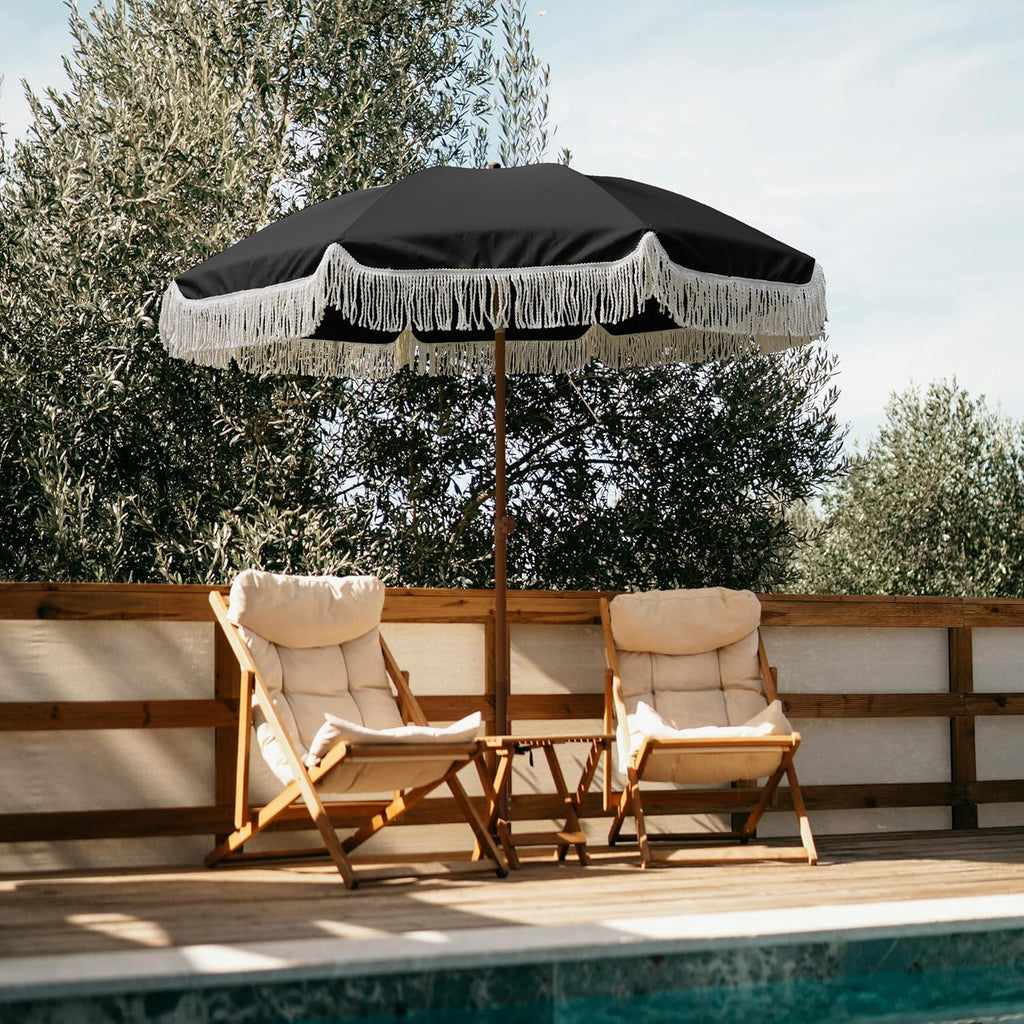 AMMSUN 7ft Patio Umbrella - Stylish Fringe Design with UPF50+ Protection & Steel Pole | Black