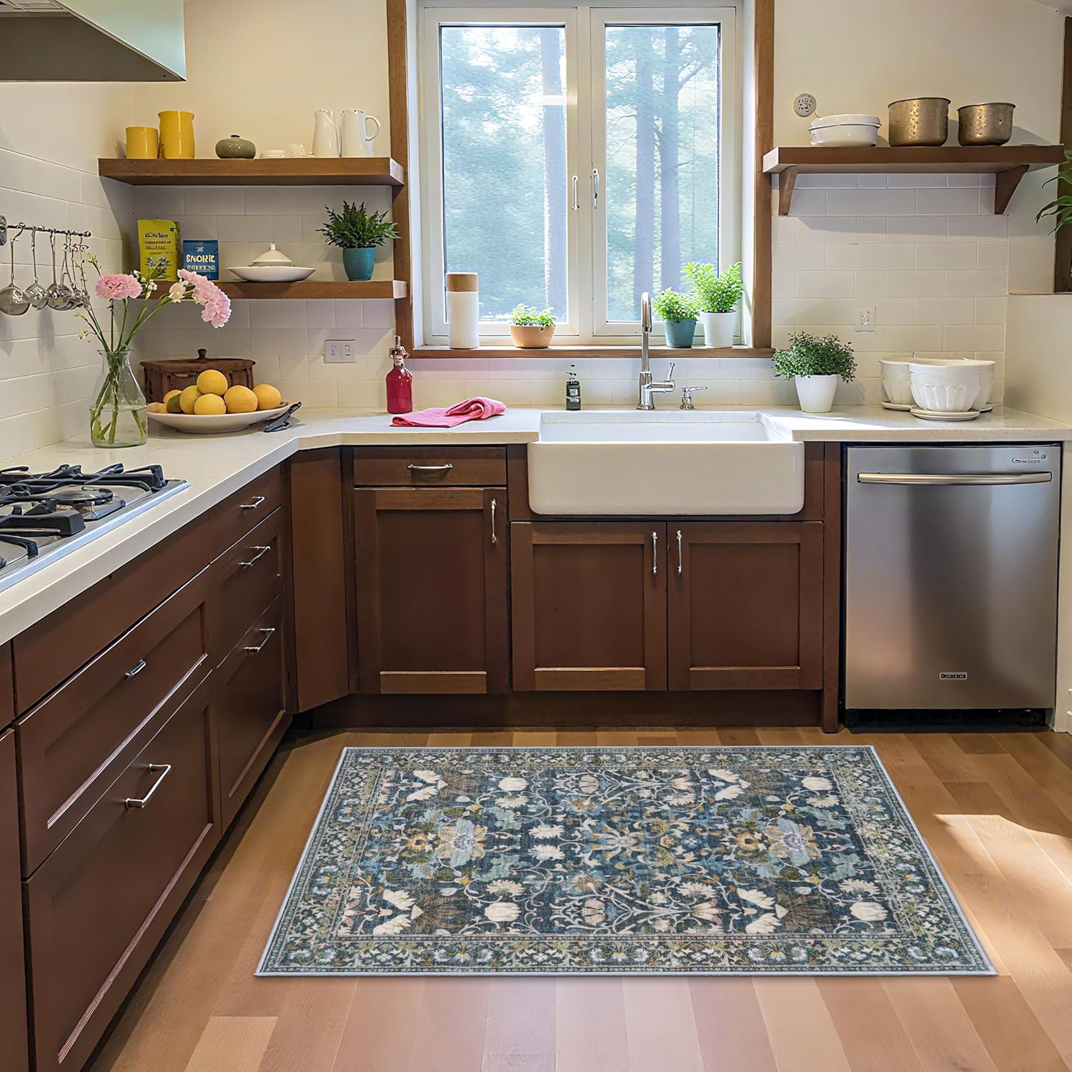 Skiennix Washable 3x5 Entryway Area Rug - Ultra Soft Low Pile Carpet | Anti-Slip Floral Design