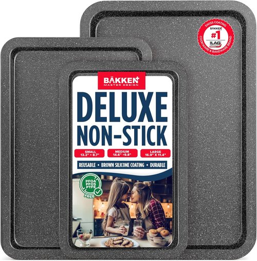 BAKKEN 3-Piece Nonstick Baking Pans Set - Stackable Cookie Trays, Oven Safe Up To 450°F, Gray Marble