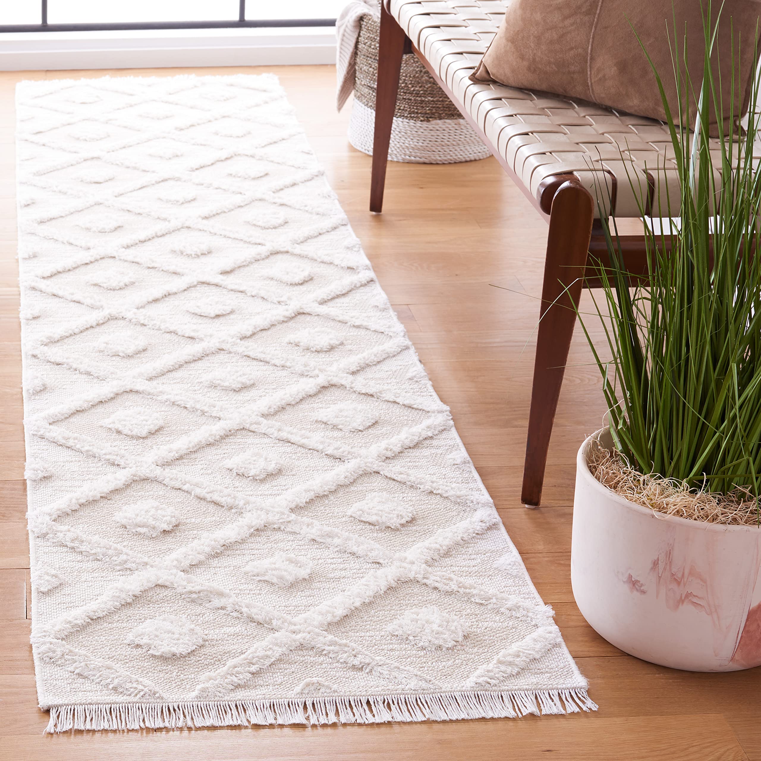 SAFAVIEH Augustine Collection Runner Rug - 2' x 9', Beige & Ivory, Moroccan Trellis Boho Rustic Fringe Design, Non-Shedding & Easy Care, Ideal for High Traffic Areas in Living Room, Bedroom (AGT730B)