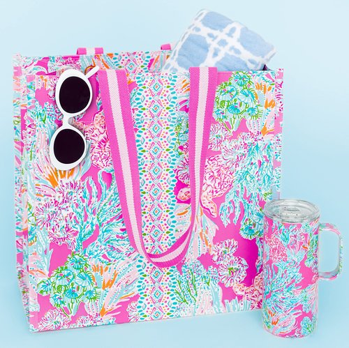 Lilly Pulitzer Pink Market Shopper Bag, Reusable Grocery Tote, Shoulder Bag for Produce or Travel, Seaing Things