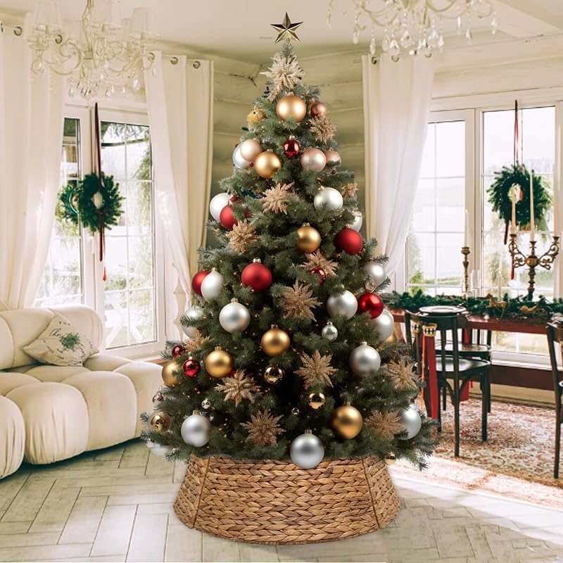 36 Inch Natural Water Hyacinth Christmas Tree Collar with Metal Frame - Handwoven Farmhouse Wicker, Easy Assembly (Variation: Natural+36 Inches)