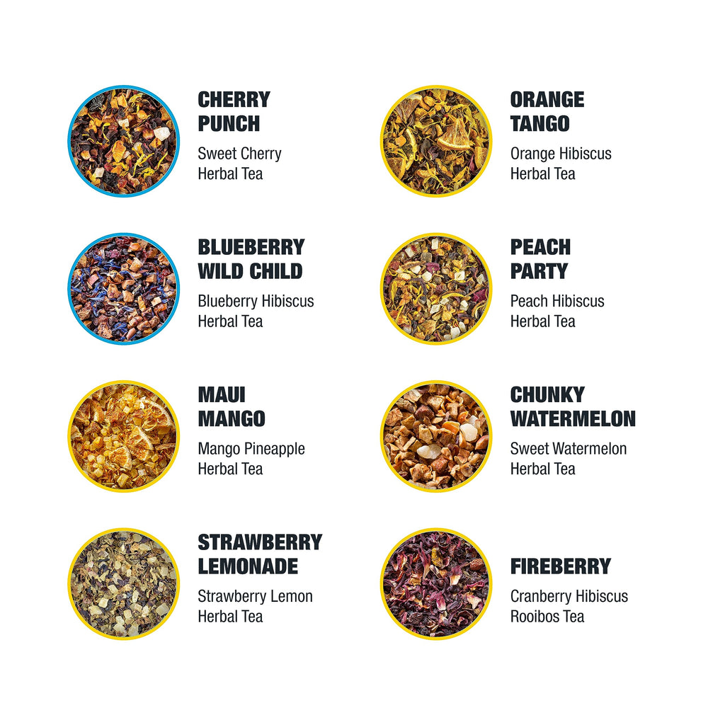 Tiesta Tea - Fruity Tea Sampler Dry Flight Set, Loose Leaf, No Caffeine, Makes Hot and Iced, Assorted Fruit Brews with Mango, Peach, Orange Drinks & More, 8 Resealable Sample Pouches