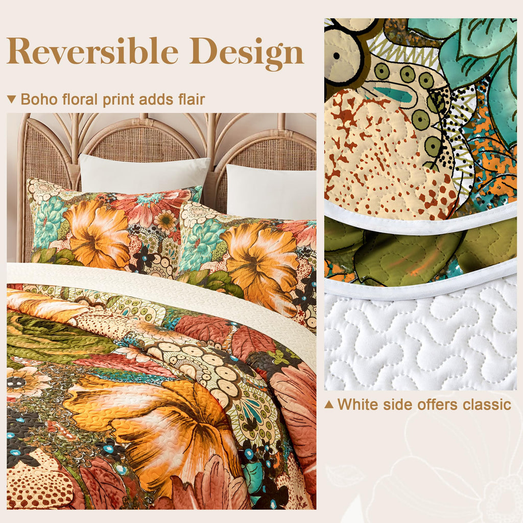 Boho Floral Quilt Sets King Size Reversible Mid Century Quilt Bedding Set Bohemian Design Soft Bedspread 3 Pieces Microfiber Lightweight Coverlet with 2 Pillow Shams for All Seasons, 106''x96''