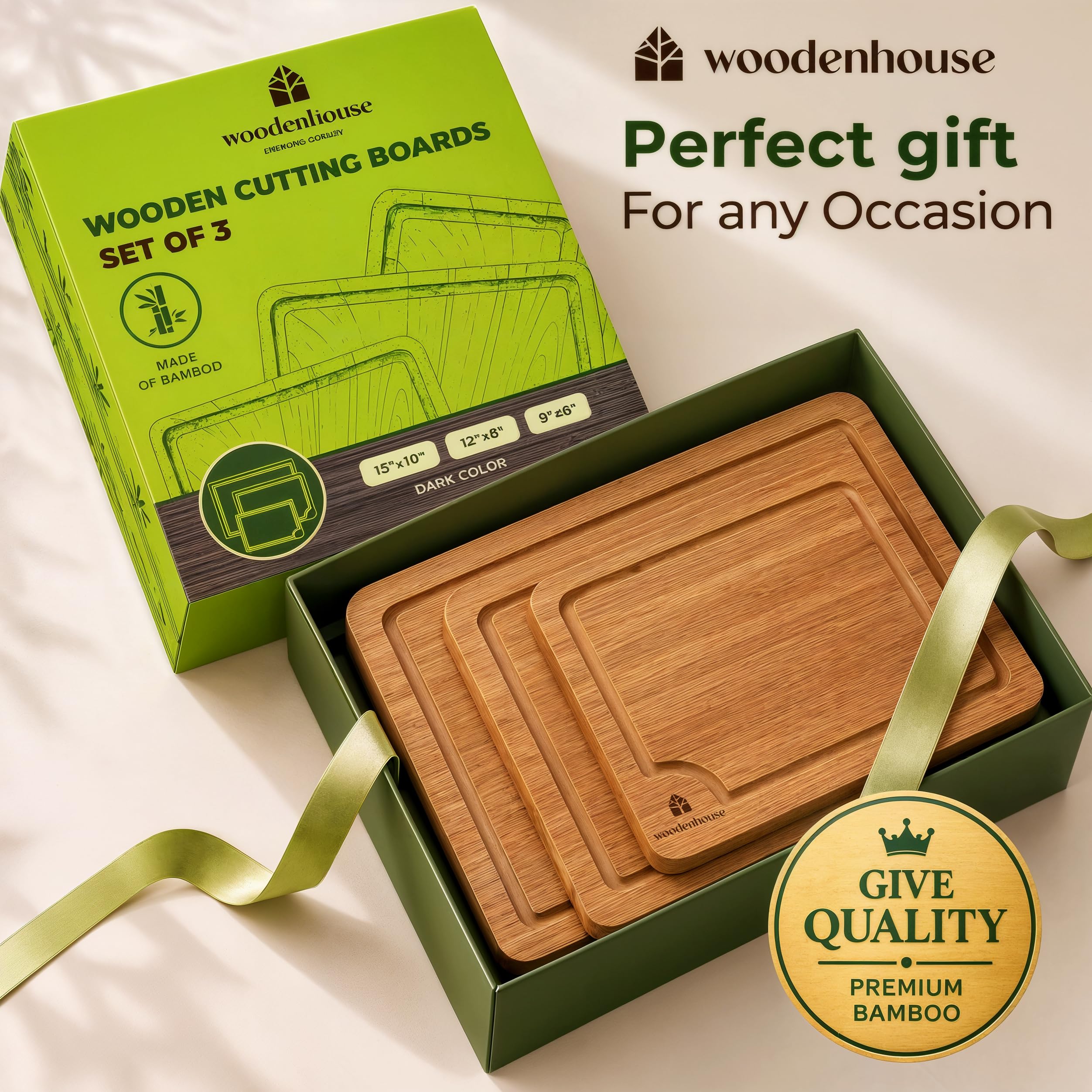 Wooden Cutting Board Set of 3 - Thick & Durable Bamboo Wood Cutting Boards for Kitchen - with Deep Juice Grooves & Built-In Handles - Large Surface, Easy to Clean - for Meat, Vegetables and Fruits