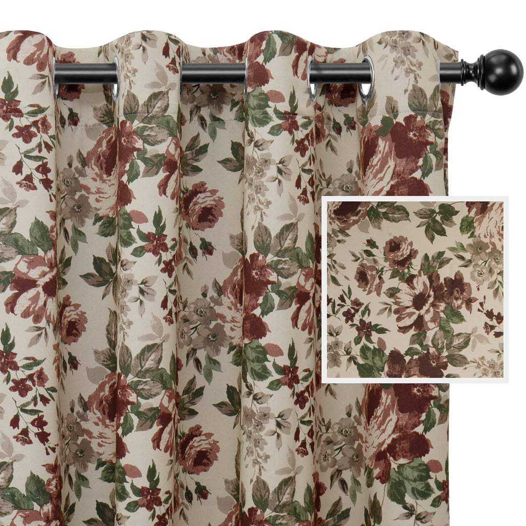 Easy-Going Floral Printed Blackout Curtain 84 Inch Length Grommet Thermal Insulated Room Darkening Window Curtain for Bedroom, Living Room, Kids Room (Set of 2 Panels, Beige)