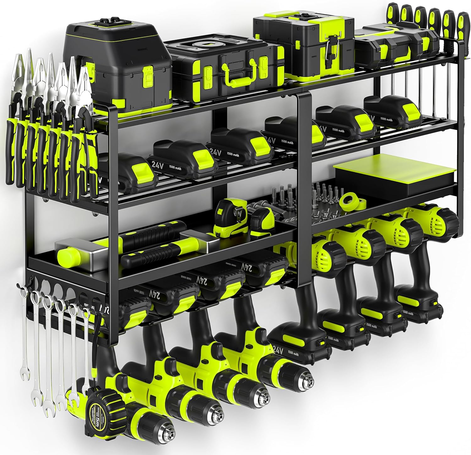 POKIPO 33" W Heavy-Duty Power Tool Organizer - 400 lbs Capacity, 8 Drills Holder & 4-Tier Battery Storage for Garage