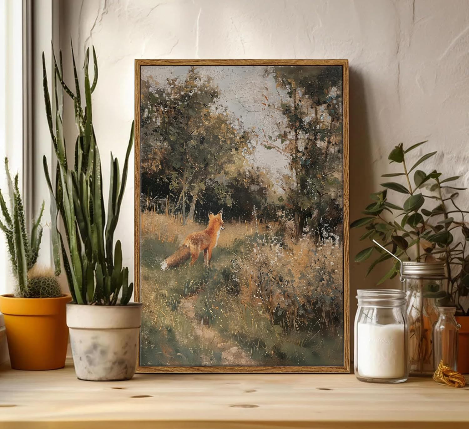 Vintage Fox Canvas Wall Art - Charming Forest Animal Oil Painting for Living Room & Bedroom Decor