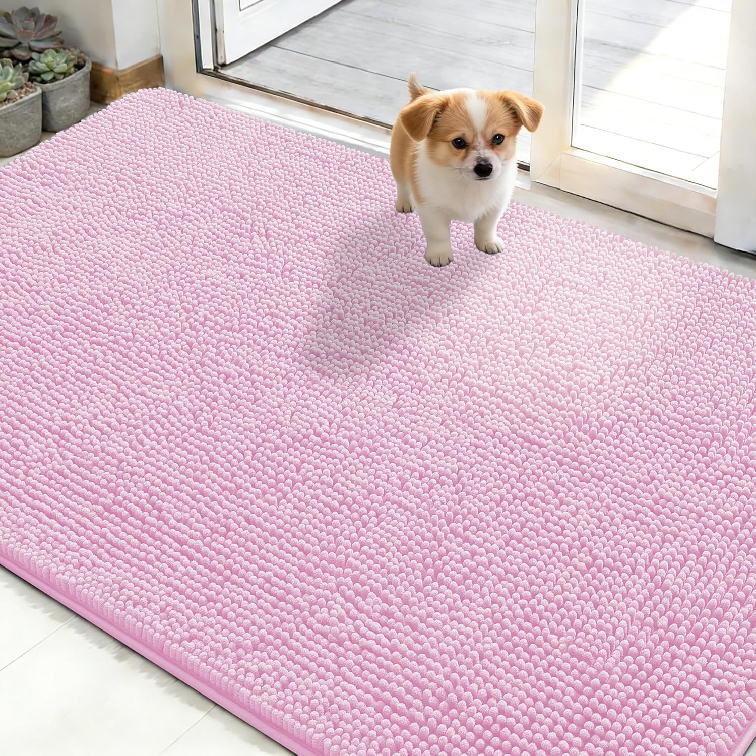 OLANLY Dog Door Mat - Absorbent Non-Slip Washable Chenille Mat for Muddy Paws | 48x30, Pink