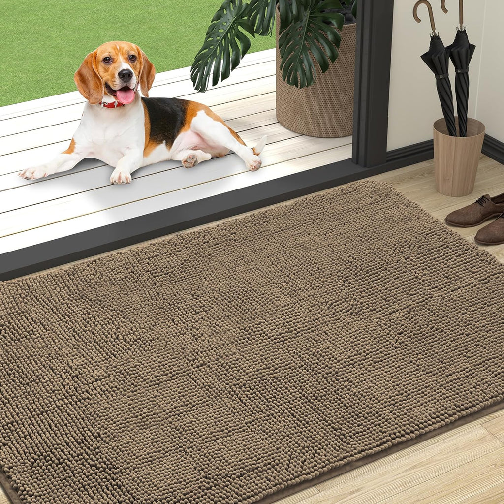 OLANLY Dog Door Mat - Absorbent Non-Slip Chenille Mat for Muddy Paws | 47x32 Tan Indoor Entryway Carpet