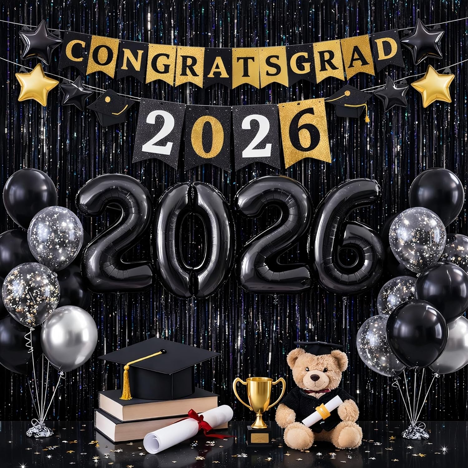 Melsan Graduation Decorations 2026 - Foil Fringe Curtains | 3 Pack Black Tinsel Backdrop 3.2 x 8.2 ft