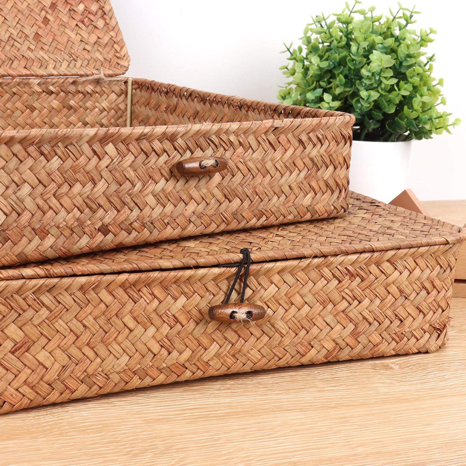 Moosky Wicker Shelf Baskets - Handwoven Seagrass Storage Bins with Lids | Coffee Set of 2