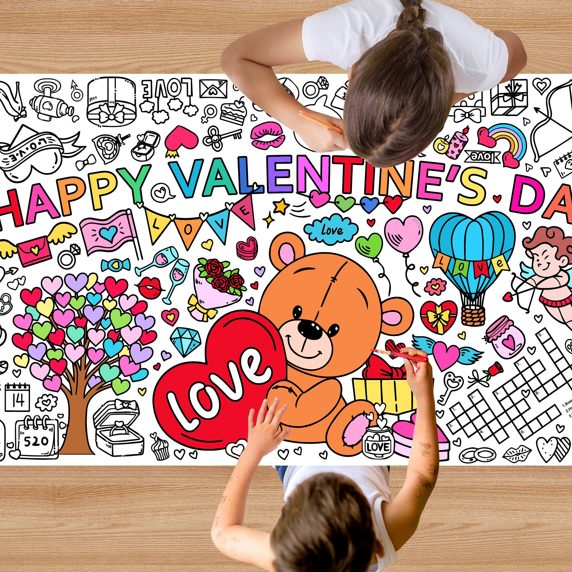 EUVBOKW Giant Valentine's Day Coloring Tablecloth, Large Happy Valentine Coloring Poster for Home Birthday Party Supplies, 30x72 Inches