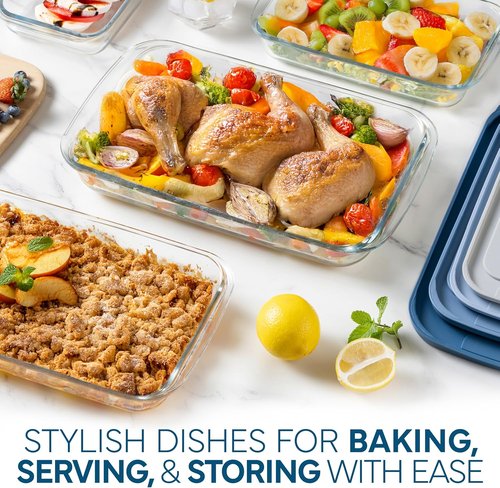Cook With Color 8-Piece Deep Glass Baking Dish Set - Versatile Casserole & Food Storage Containers | Freezer-to-Oven, Microwave & Dishwasher Safe, Blue