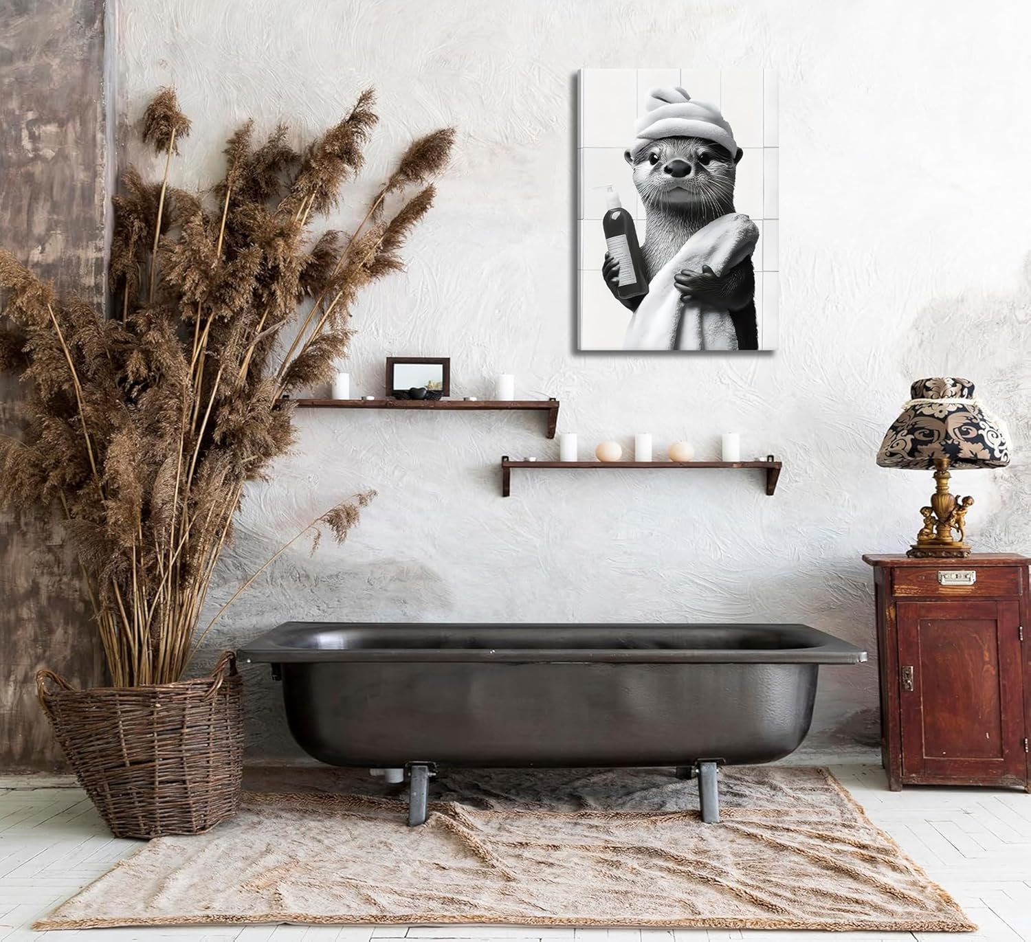 Otter Canvas Wall Art by Funny Bathroom - Cute Black and White Painting for Home Decor | 12x16in