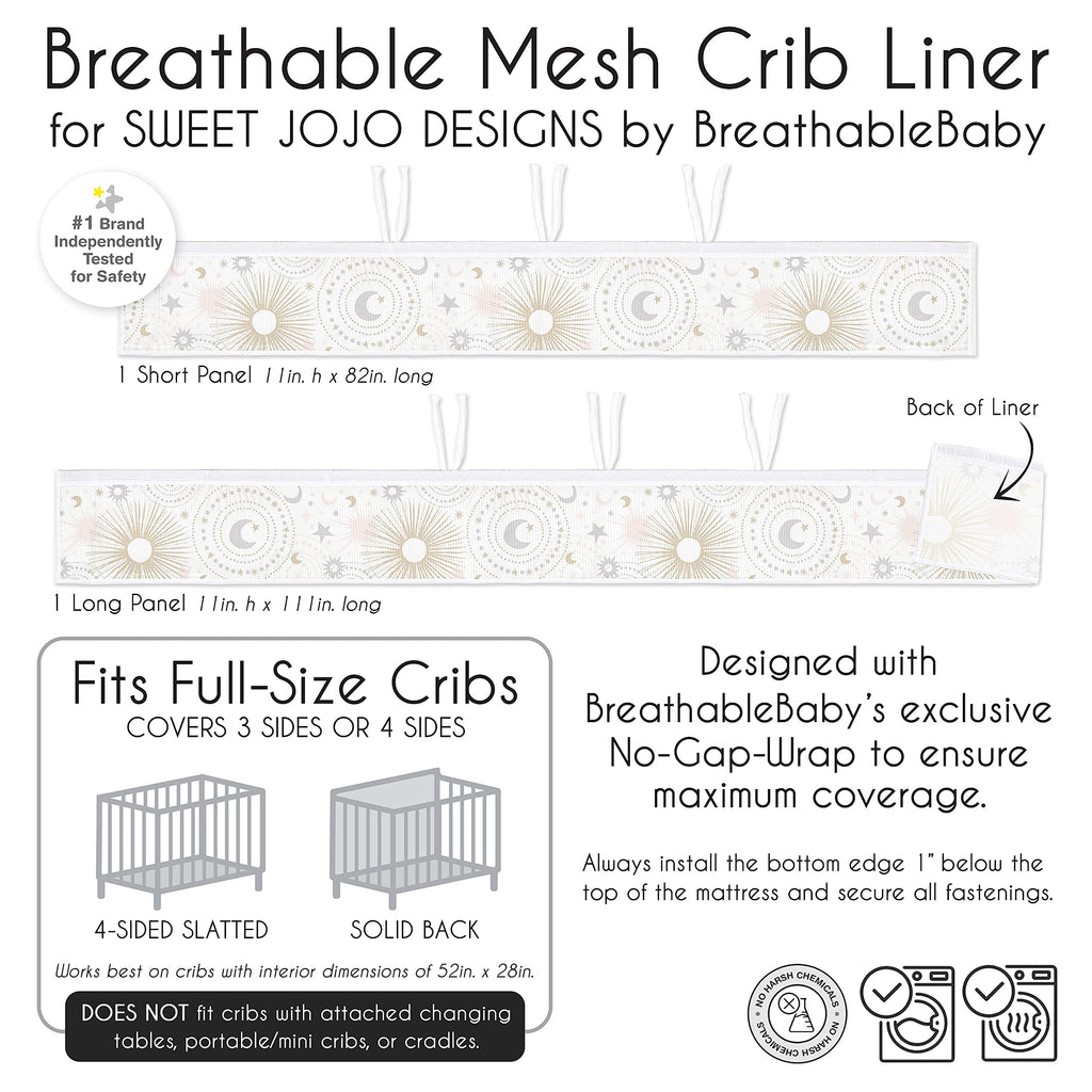 Sweet Jojo Designs + BreathableBaby 2-Piece Breathable Mesh Crib Liner Set (Stars and Moon) for Girls, Baby, Infants/Newborn Nursery (Blush Pink, Gold, Grey, Celestial, Sky, Stars, Shabby Chic, Gray)