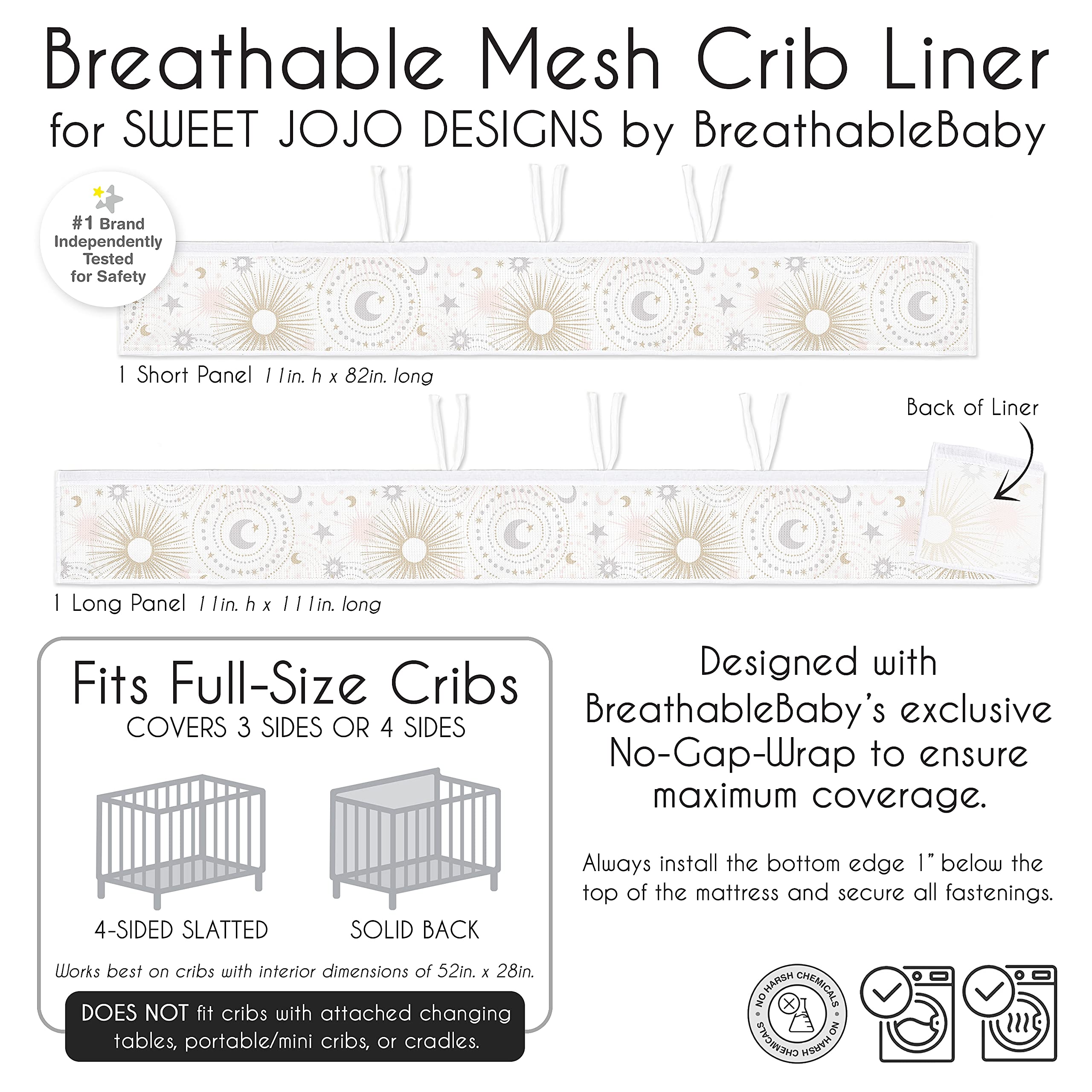 Sweet Jojo Designs + BreathableBaby 2-Piece Breathable Mesh Crib Liner Set (Stars and Moon) for Girls, Baby, Infants/Newborn Nursery (Blush Pink, Gold, Grey, Celestial, Sky, Stars, Shabby Chic, Gray)