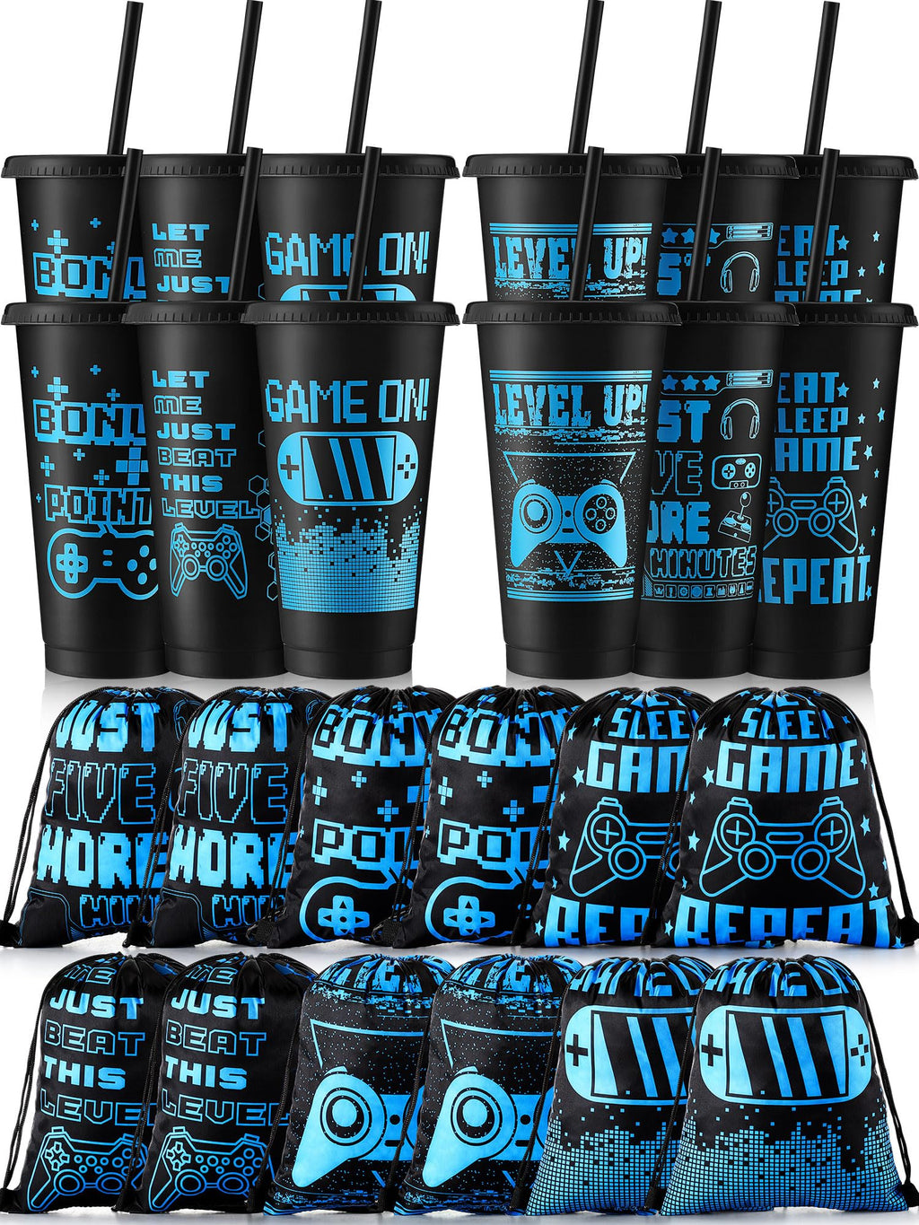 Mifoci 24 Pcs Video Game Party Favors, 12 Video Game Plastic Cups with Lids and Straws and 12 Drawstring Backpack, 24oz Reusable Tumble Bag for Gaming Party(Blue, Black)