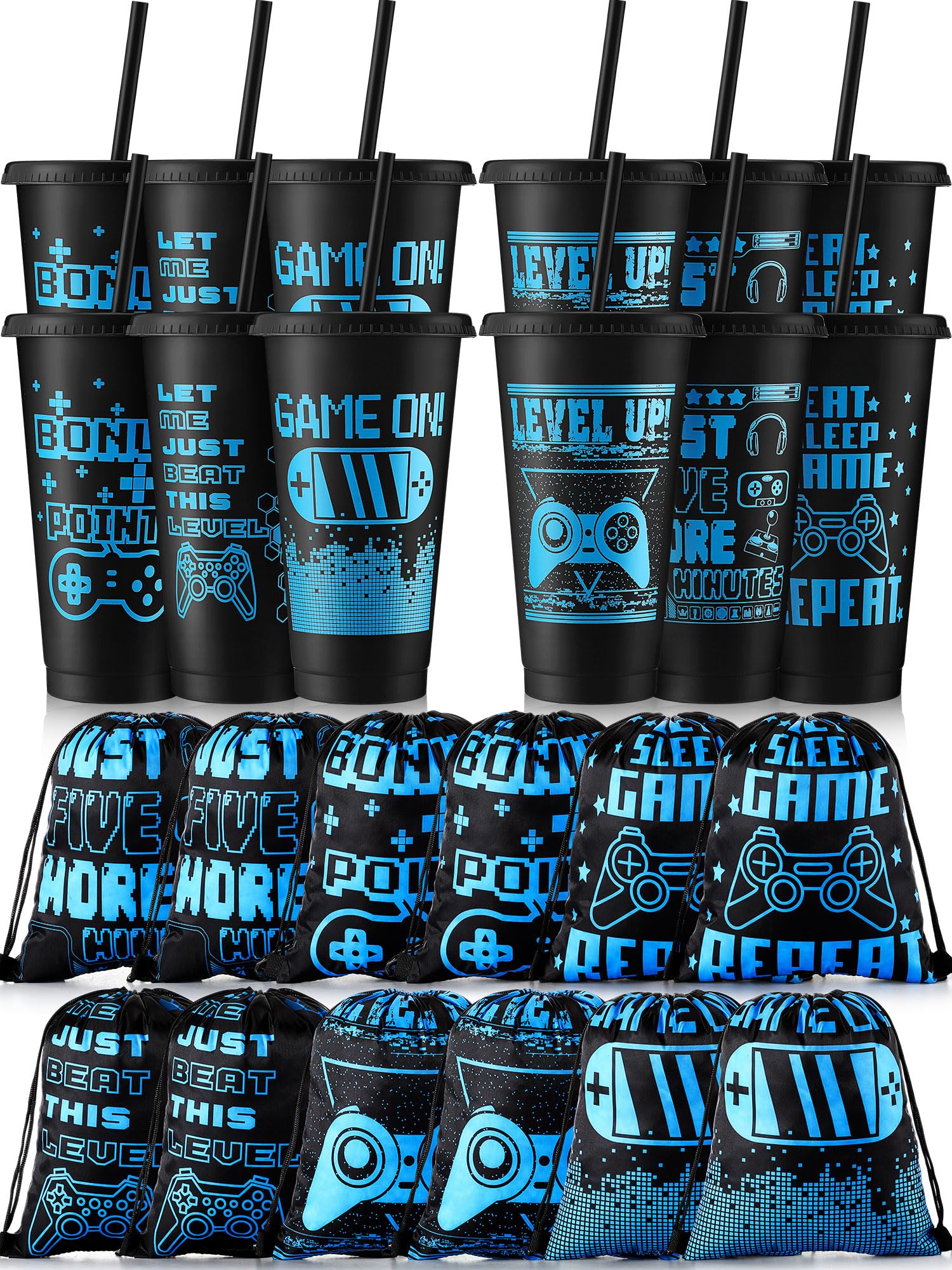 Mifoci 24 Pcs Video Game Party Favors, 12 Video Game Plastic Cups with Lids and Straws and 12 Drawstring Backpack, 24oz Reusable Tumble Bag for Gaming Party(Blue, Black)