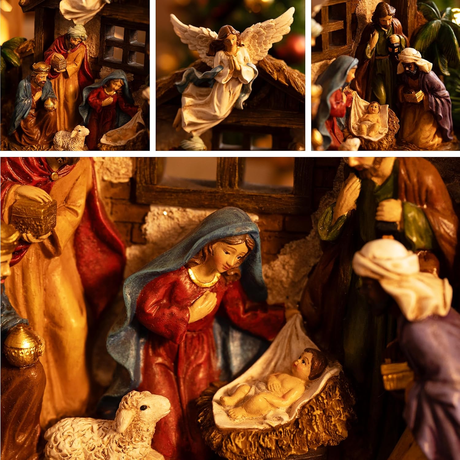 Valery Madelyn Christmas Nativity Figurines - LED Lights Holy Family Set | 10.6 Inch Resin Manger for Holiday Decor