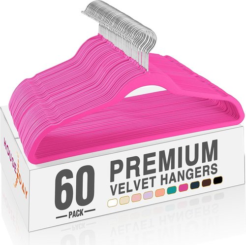 HOUSE DAY Velvet Hangers - 60 Pack Rosy Red Non-Slip Heavy Duty Suit Hangers | Space-Saving Design with 360° Rotating Hook