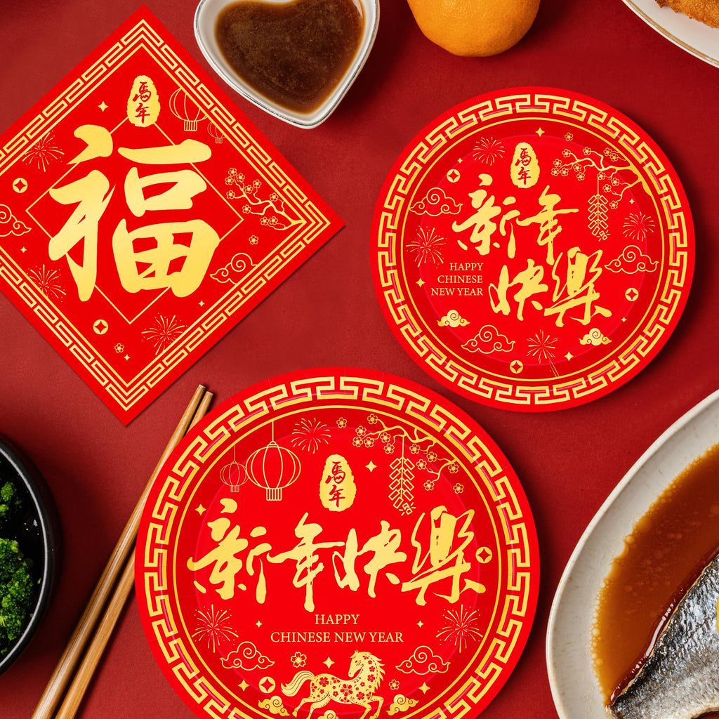 QZYL 150 PCS Lunar New Year Decorations 2026, Disposable Chinese New Year Plates and Napkins, Red Paper Plates, Serve for 50 Spring Festival Party Supplies Chinese Year of the Horse Cutlery