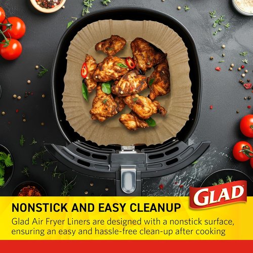 Glad Air Fryer Liners - Nonstick, Heat Resistant, Food Grade Material - 9" Rounded Square Shape, 100 Count