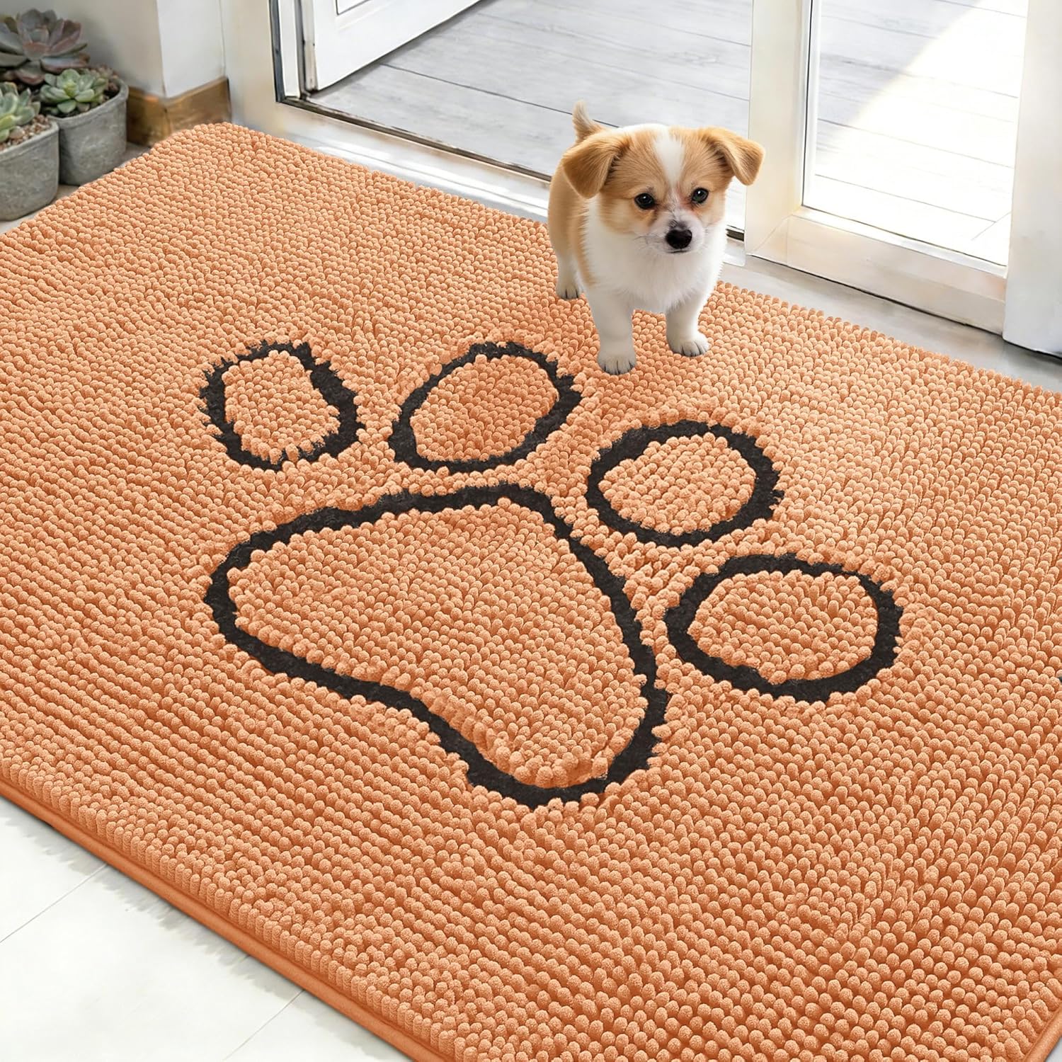 OLANLY Dog Door Mat - Absorbent Non-Slip Mud Mat for Muddy Paws | 48x30 Inches, Orange Paw Print Design
