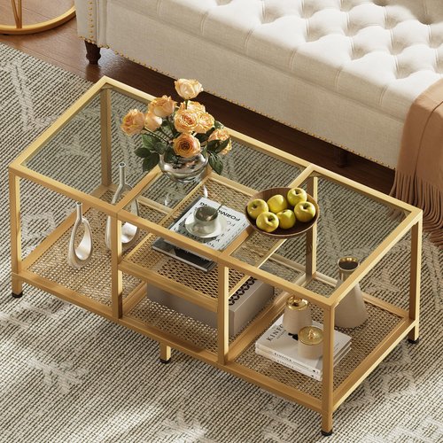 JARHETUN Glass Coffee Table, Coffee Tables for Living Room, Small Center Table, Modern Coffee Table with Open Storge&Metal Frame, Rectangular Coffee Tables for Small Space, Home Office, Gold