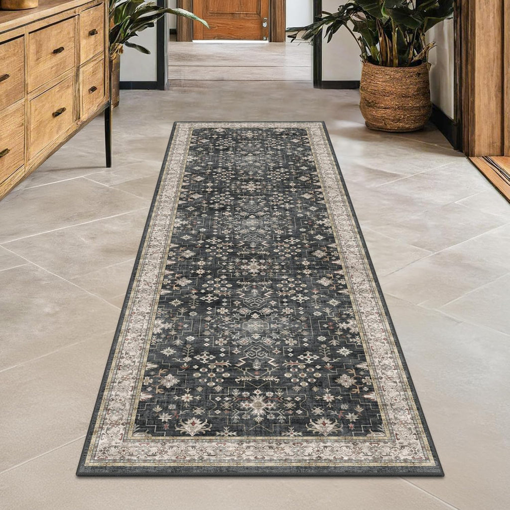 Skiennix Black Boho Runner Rug - Washable, Non-Slip, Stain Resistant | 2x6 ft for Hallway & Kitchen