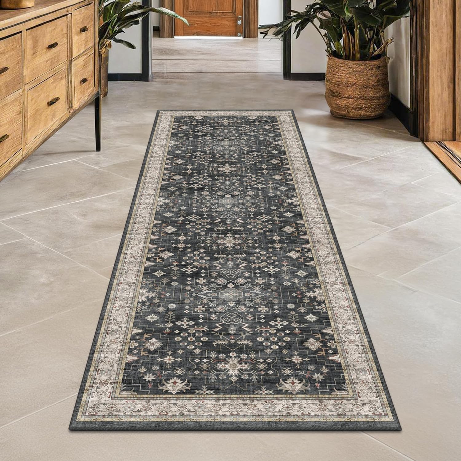 Skiennix Black Boho Runner Rug - Washable, Non-Slip, Stain Resistant | 2x6 ft for Hallway & Kitchen
