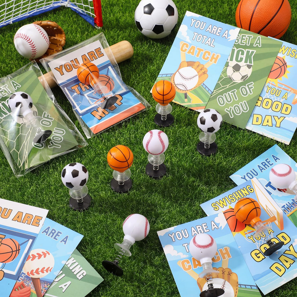 Jenaai 24 Sets Valentine's Sports Themed Card and Assorted Ball Spring Launcher Funny Pop up Bouncy Jumping for Valentines Party Favors Exchange Gift Award Prize Sensory Fidget