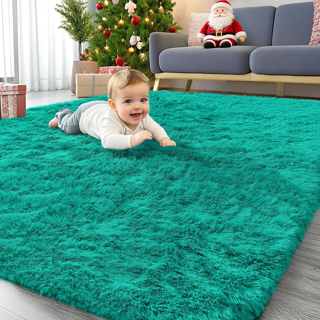 OLANLY Area Rugs - Soft Fluffy Shaggy Indoor Carpet for Living Room & Bedroom | 4x5.9 ft Teal Green