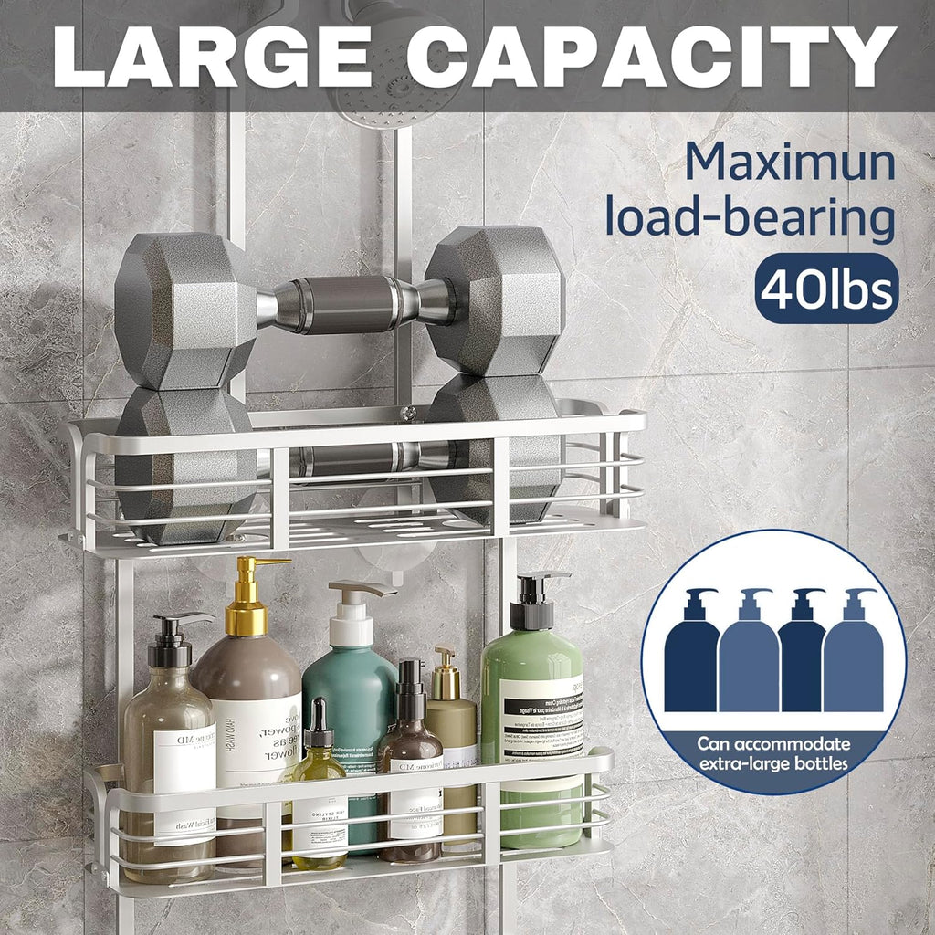 Never Rust Aluminum Shower Caddy by [Brand Name] - Over Showerhead Organizer with Hooks & Soap Holder | Silver