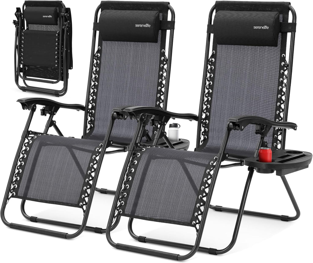SereneLife Zero Gravity Lounge Chairs 2-Pack - Adjustable Folding Recliners with Side Table & Cup Holder - Comfortable Outdoor Patio Chairs (Black)