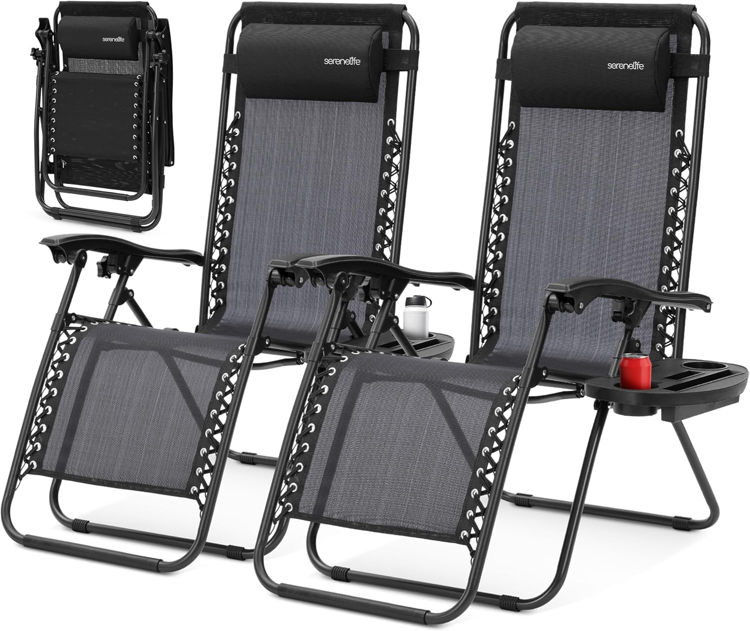 SereneLife Zero Gravity Lounge Chairs 2-Pack - Adjustable Folding Recliners with Side Table & Cup Holder - Comfortable Outdoor Patio Chairs (Black)