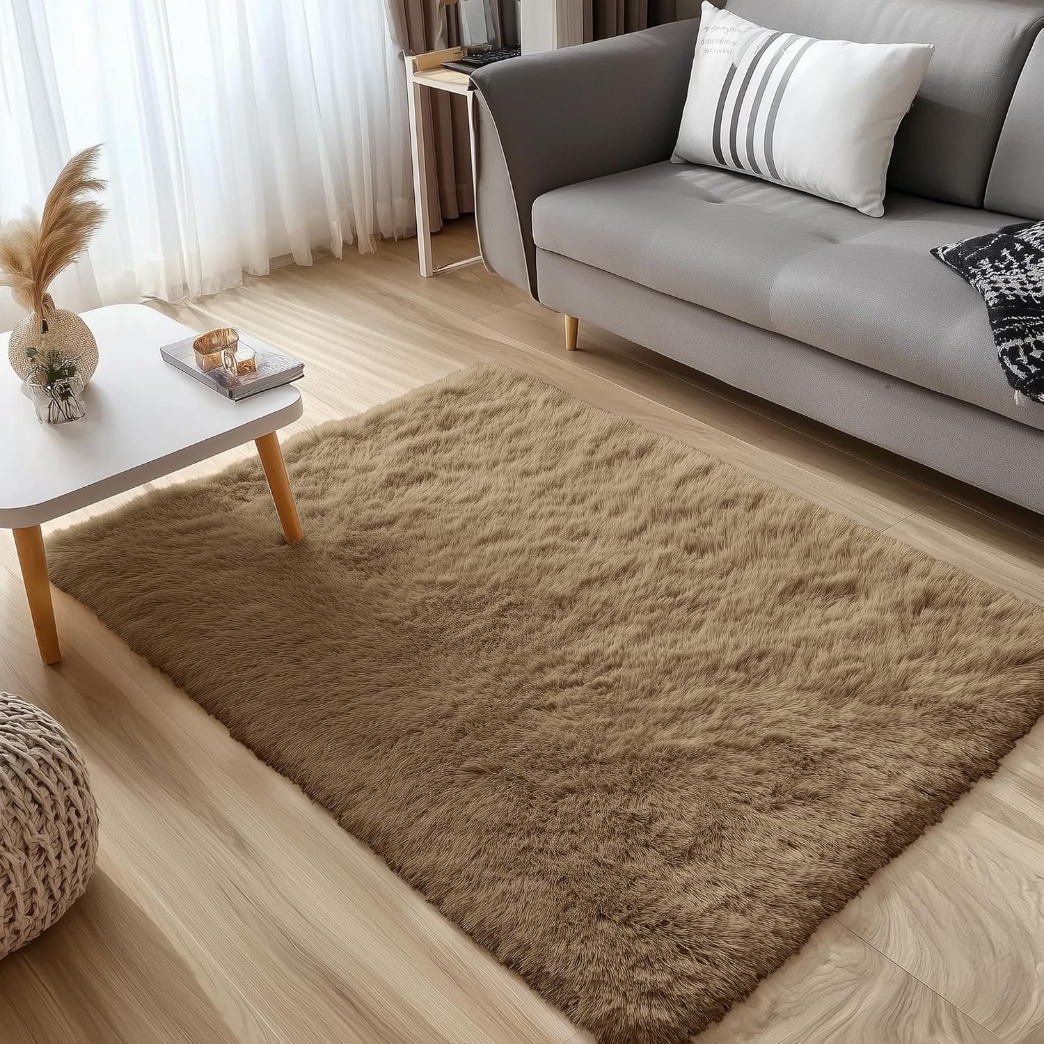OLANLY Small Bedside Rug - Soft Fluffy Shaggy Indoor Carpet for Bedroom & Living Room | Taupe