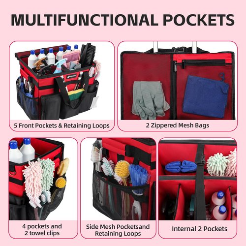 VSHXENG Rolling Cleaning Caddy Bag with Wheels, Large Cleaning Cart Detachable Trolley, Cleaning Bags for Housekeepers With Shoulder Strap & Multi Pockets for Cleaning Tools Storage (Red)