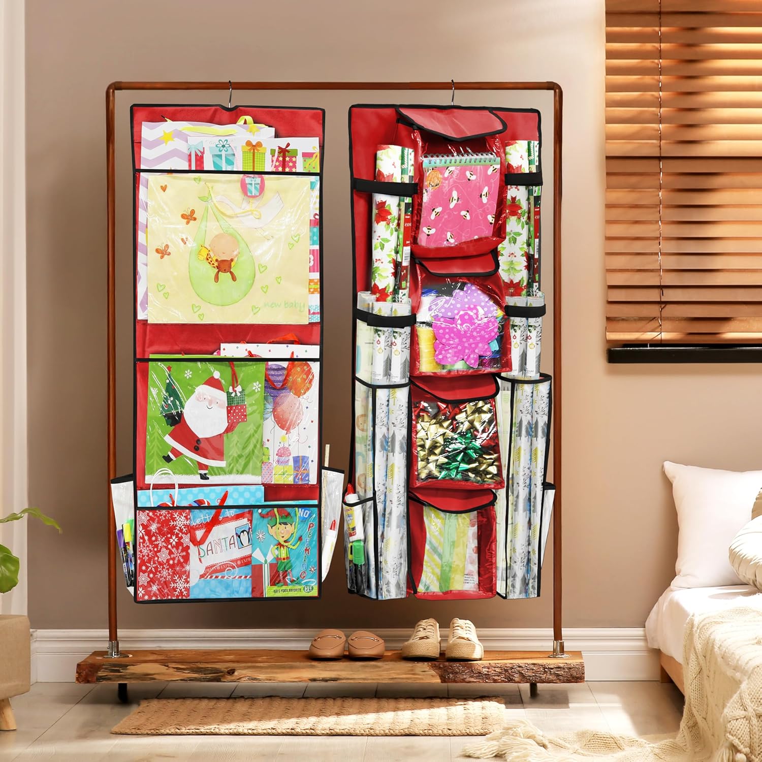 Simple Houseware Gift Wrap Organizer - Double-Sided Storage Pockets in Red | Set of 1
