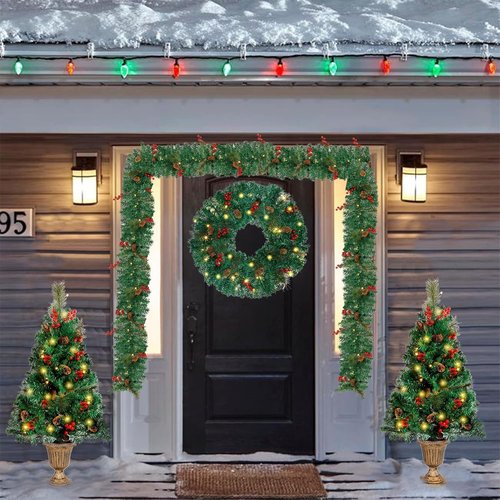 Juegoal Christmas Decorations - 4-Piece Pre-Lit Artificial Entrance Trees Set with Wreath & Garlands | 8 Lighting Modes & Timer for Home Entryway Decor