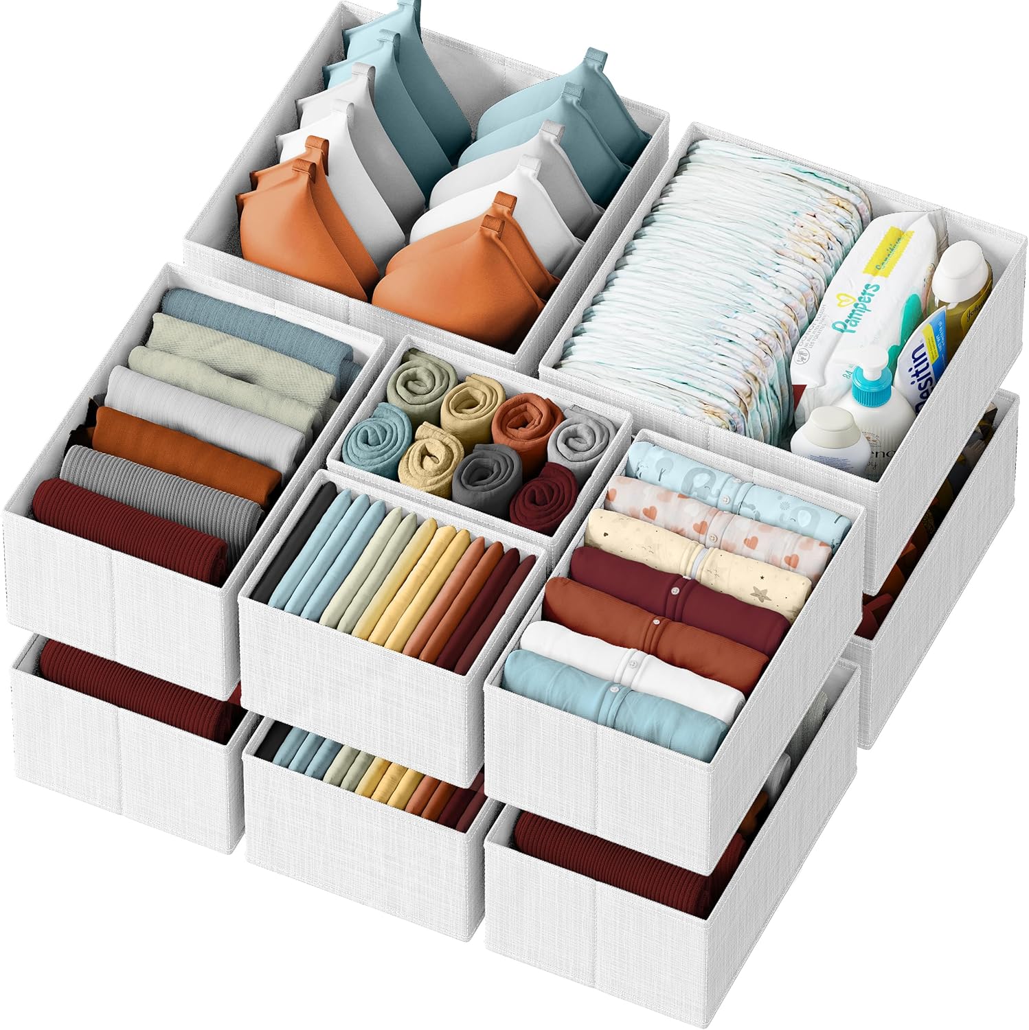 Skiennix Drawer Organizer Set of 12 - Stylish White-Grey Dresser Storage for Nursery & Bedroom