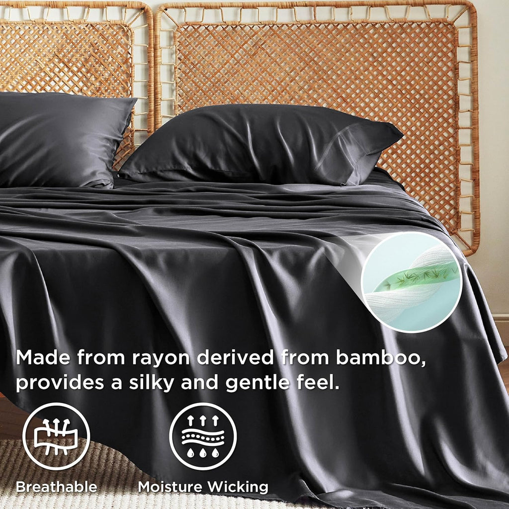 PureWoven King Size Sheet Set - Cooling Rayon Bamboo Sheets | Deep Pocket, Soft & Breathable Black Bedding for Hot Sleepers