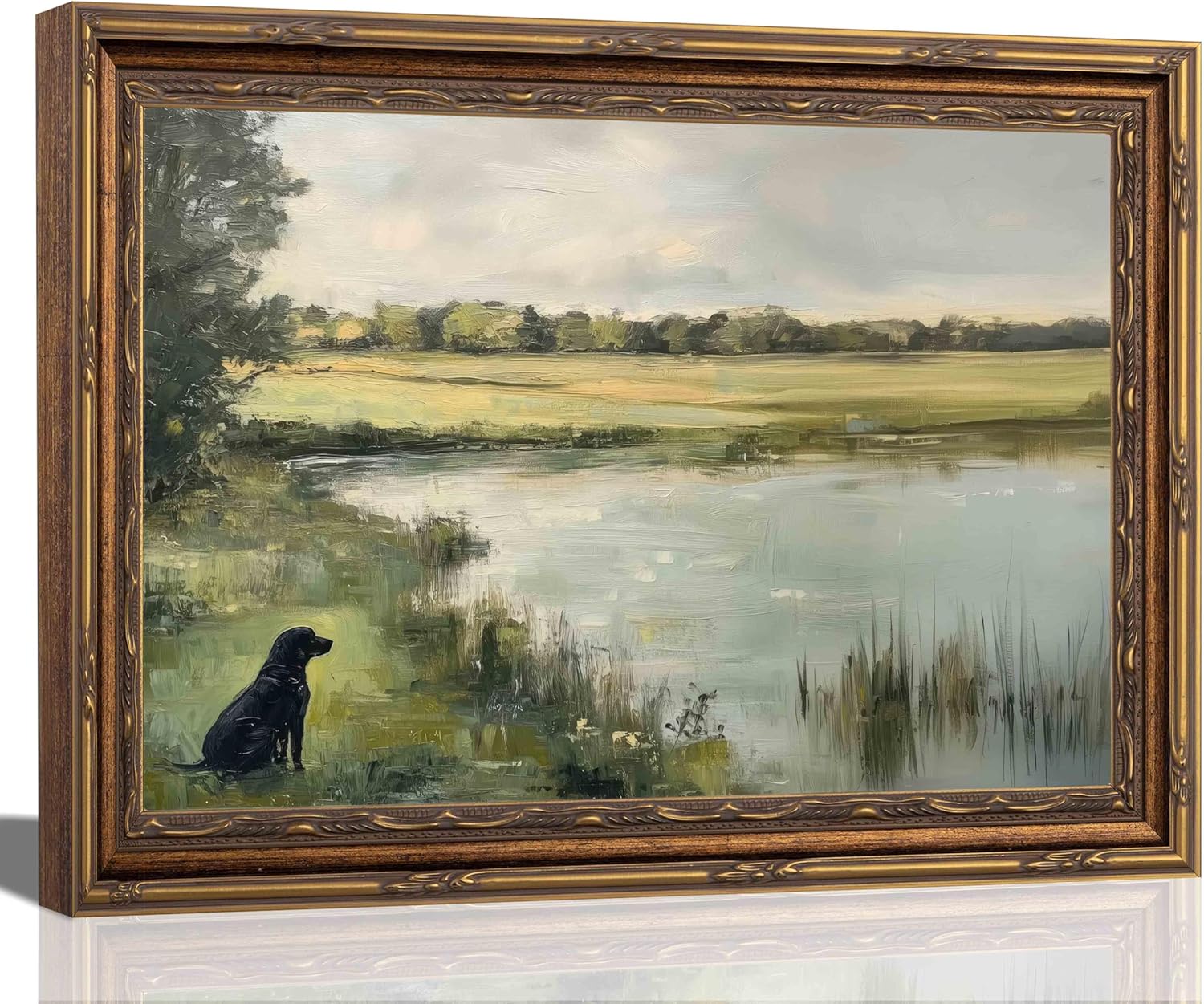 RVETNGVM Vintage Black Labrador Wall Art - Rustic Dog & Pond Landscape Decor | 9"x11" Framed Print for Living Room, Bedroom, or Office