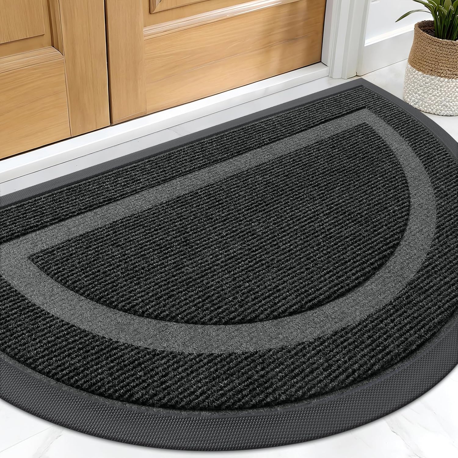 OLANLY Half Circle Door Mat - Waterproof All-Season Doormat for Indoor/Outdoor Use | 29.5x17, Black